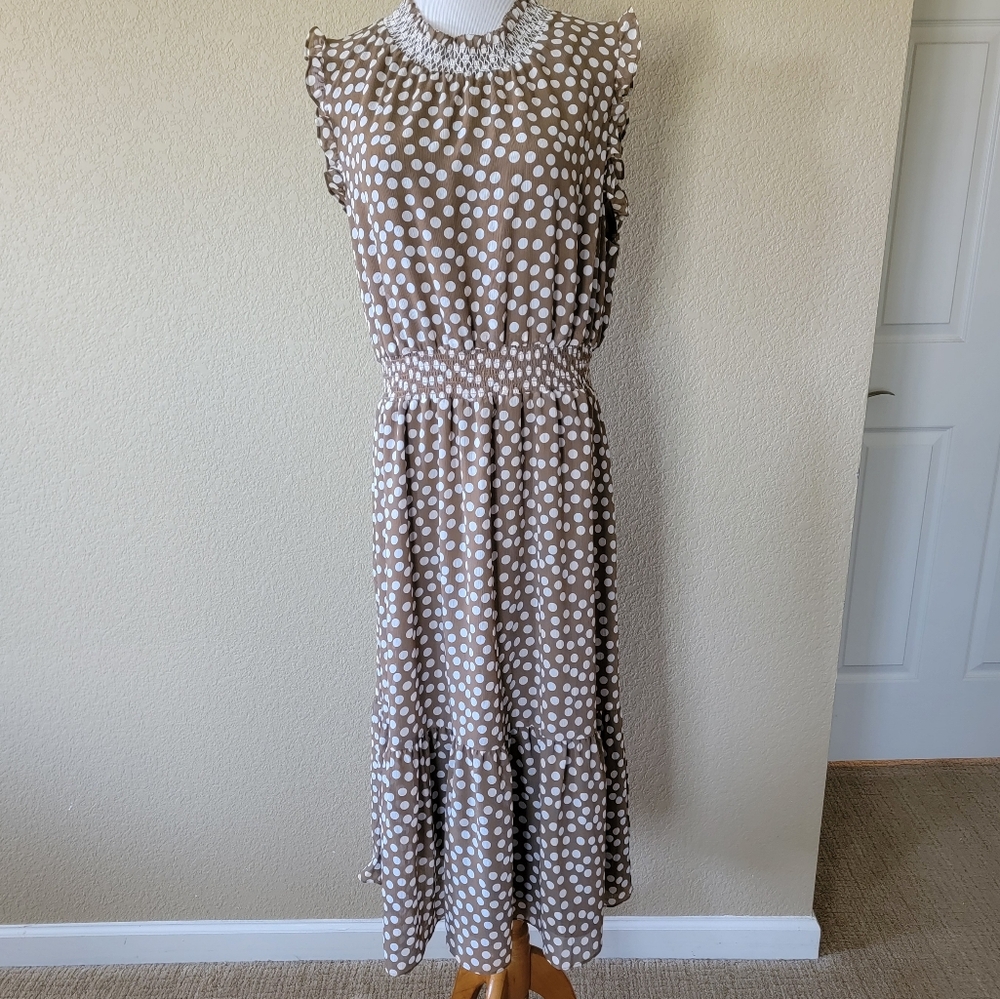 J. Crew Smocked-Waist Polka Dot Midi Dress in Brown, Size L